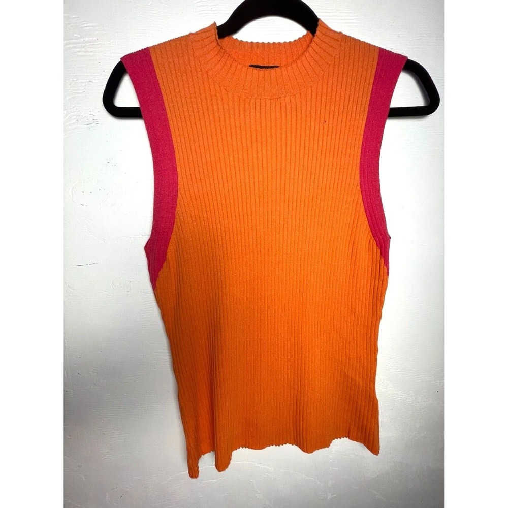 High Neck Orange & Pink Ribbed Tank L Women's Sleeveless Summer Fall Transition